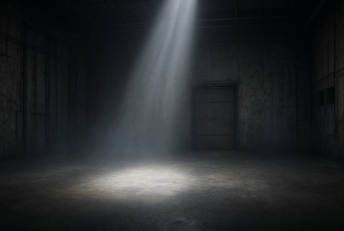 A dim hall. One door. A shaft of light on the floor.